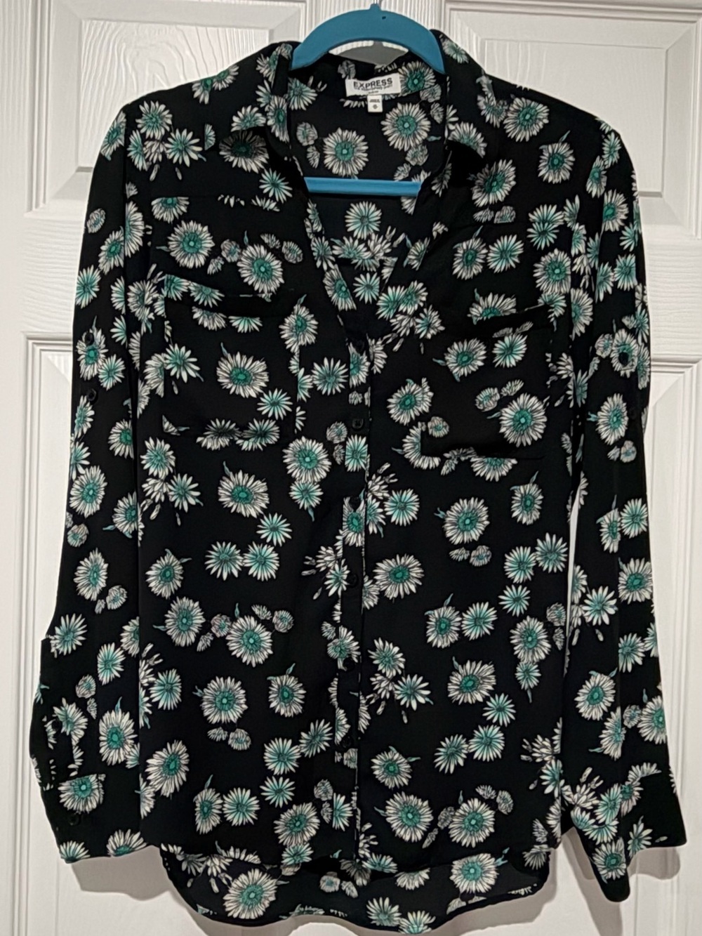 Express Black Floral Button-Front Shirt — Black with Teal & White Flowers